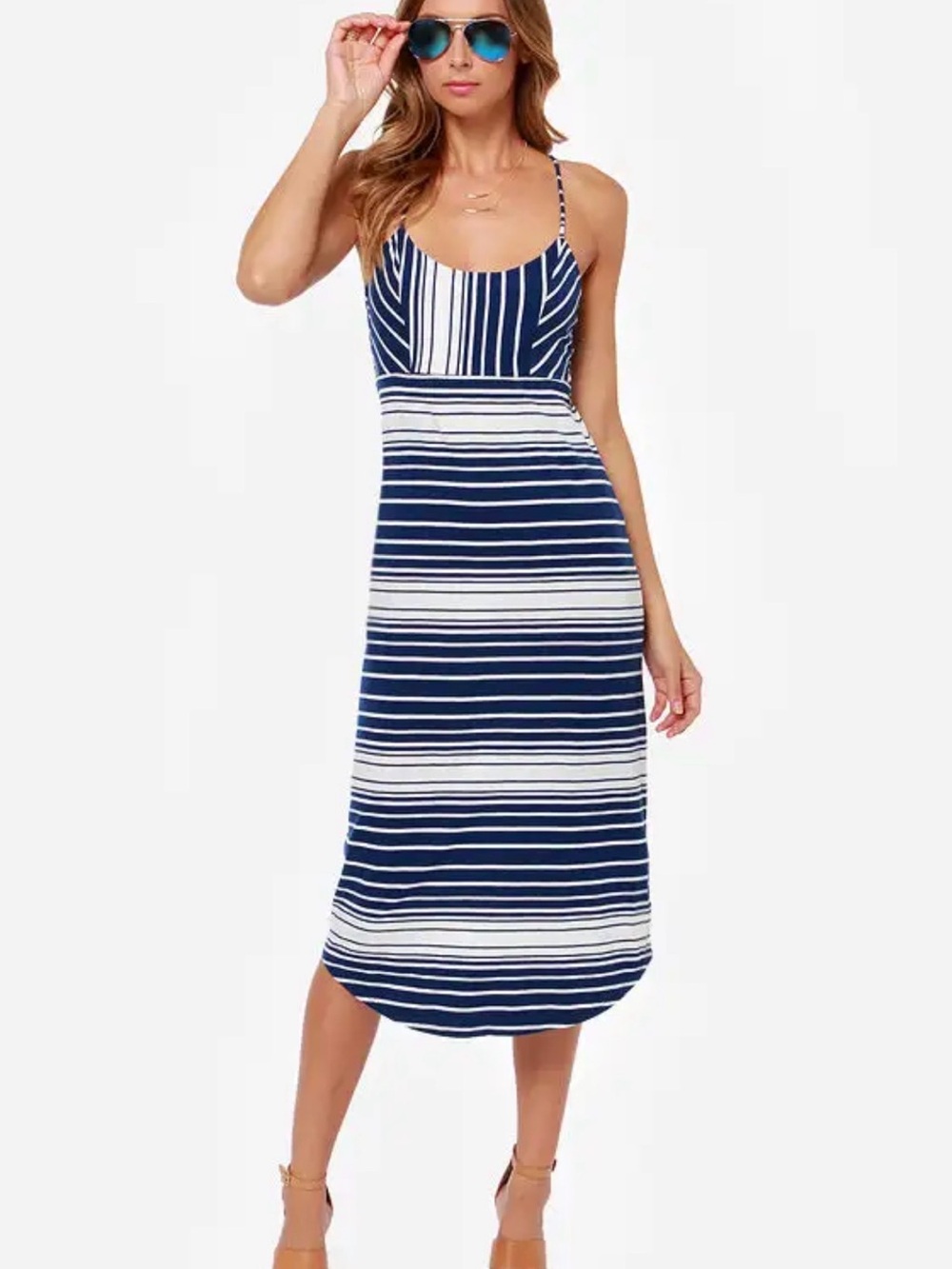 ROXY In My Dreams Navy Blue Striped Midi Dress Nautical Coastal Preppy Resort L